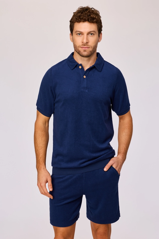 Woody - Donkerblauwe polo en short van badstof